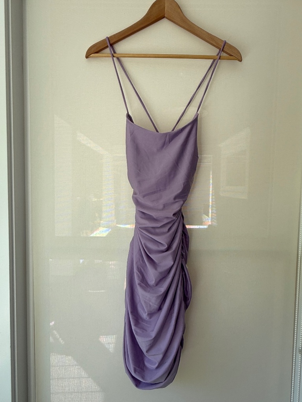 Lulus Lilac Ruched Bodycon Mini Dress Lace Up Back Size Small Cocktail Party